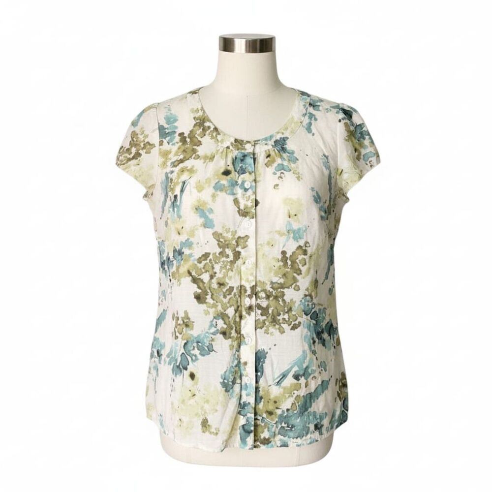 Van Heusen Artsy Watercolor Floral Smock Blouse Cap Sleeve Earthy Green Top Sz M